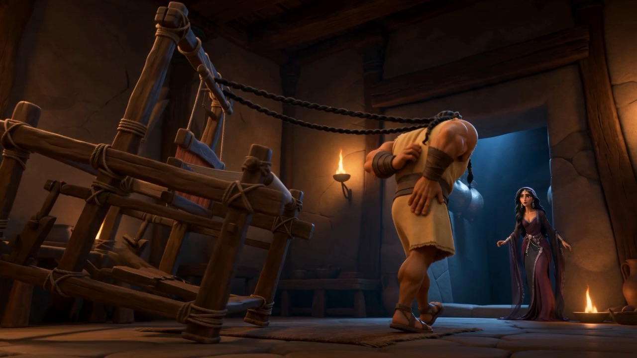 He wakes and stands, tearing the loom out of the floor