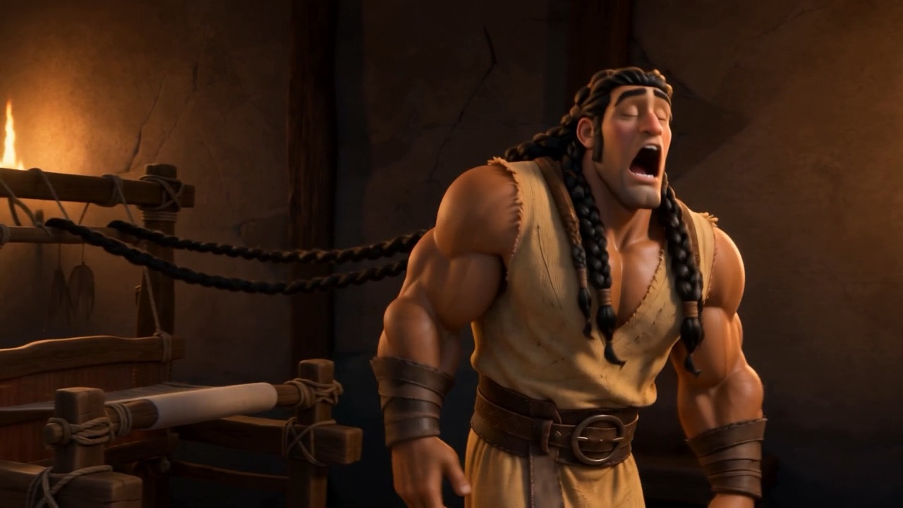 He roars, the whole loom hanging from his hair