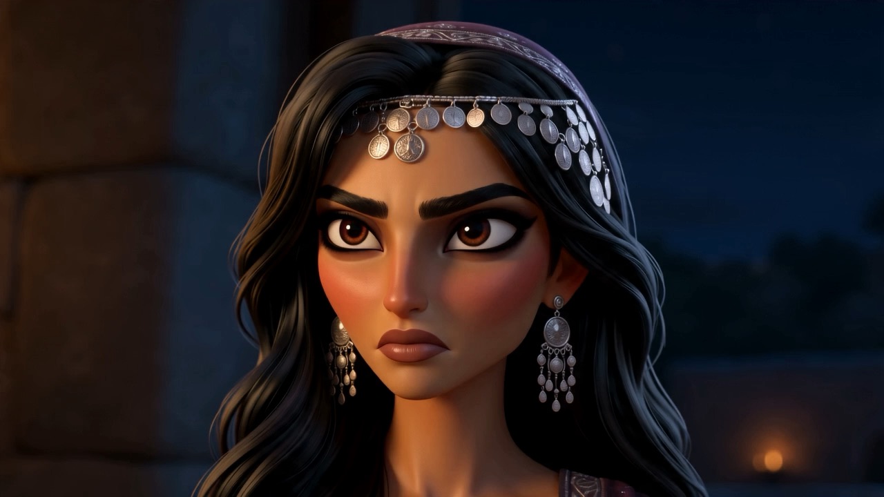 Delilah's face — she is no longer smiling at all