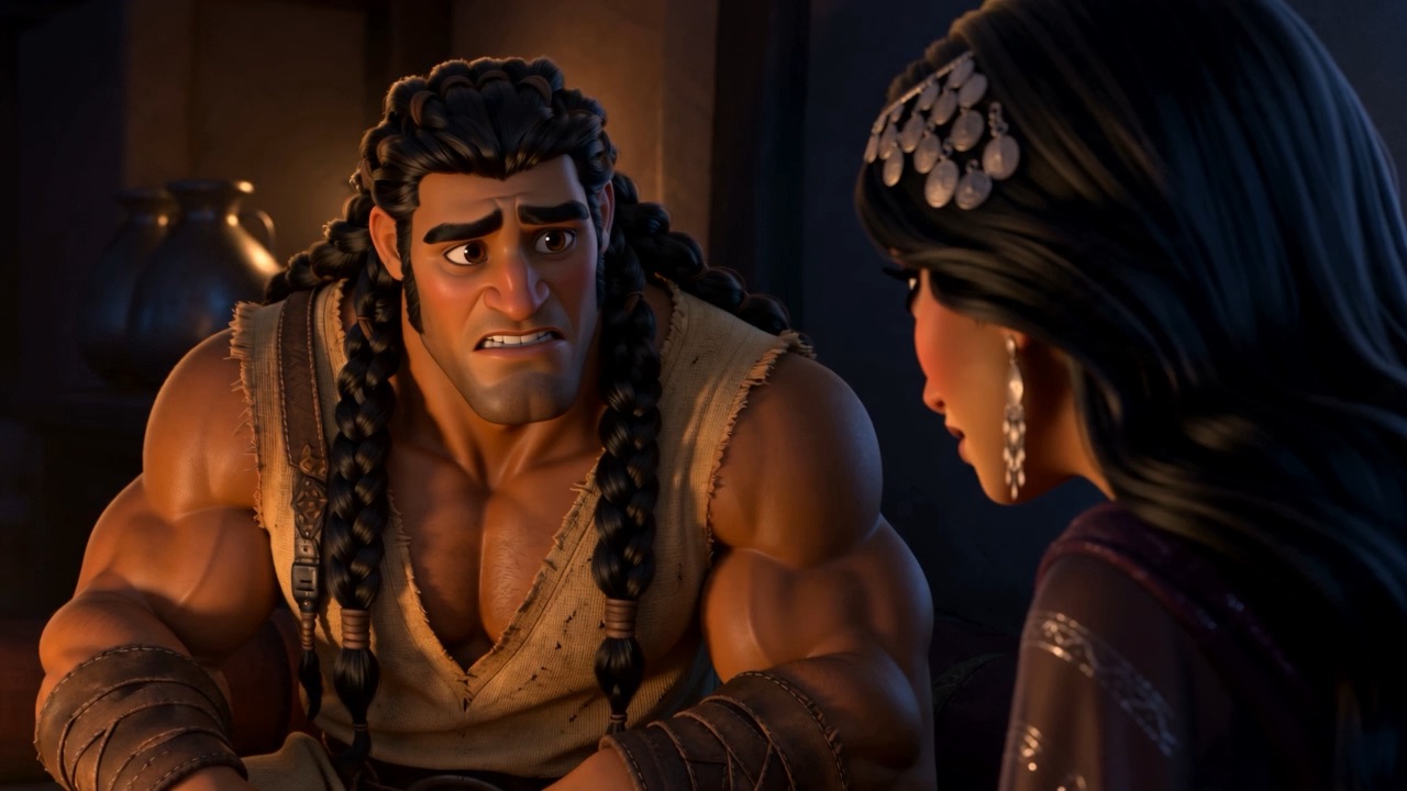 Samson looks away from her, uncomfortable