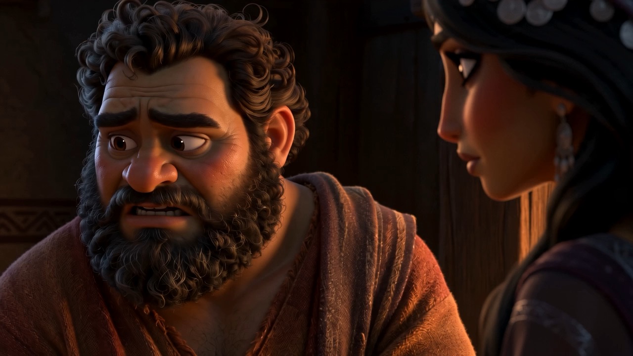 A servant at the fire watches them, saying nothing