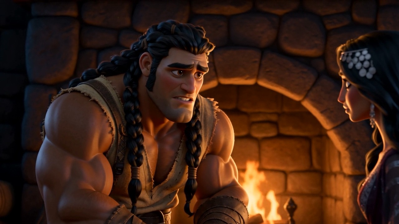 He sits by the fire with his head down, worn out