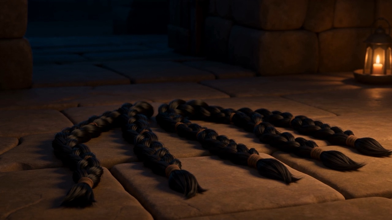Seven braids laid out in a row on the stone floor