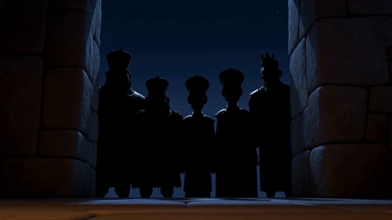 Silhouettes of armed men fill the doorway
