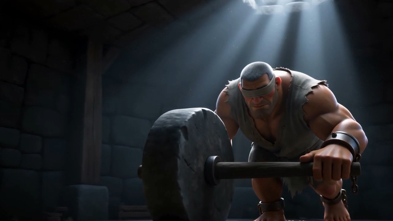He leans into the grinding beam for the first time
