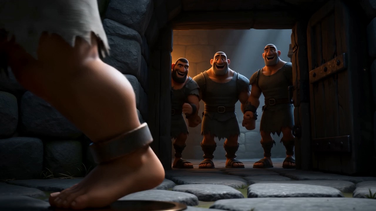 Guards drag a bound man in through a low prison doorway