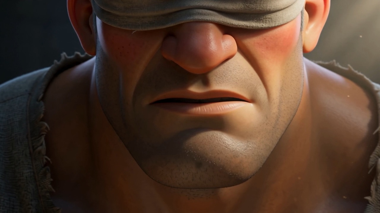 The bandage across his eyes, his jaw set
