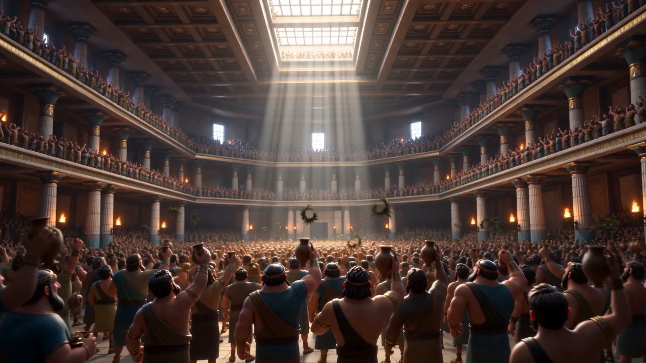 A vast pillared temple packed to the walls with people