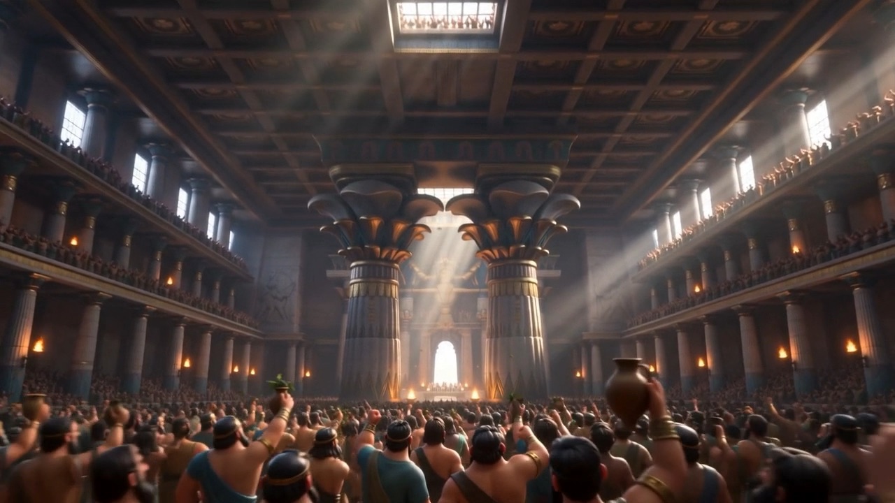 Thousands crowd the floor under shafts of light