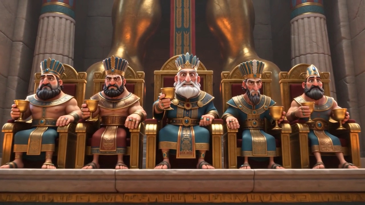 The five lords on their thrones above the crowd