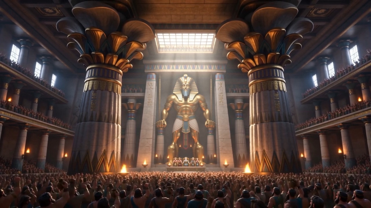 The statue of Dagon towers over the celebration