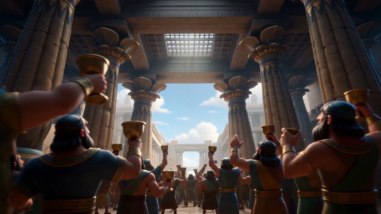 Cups raised toward a colossal idol at the far end