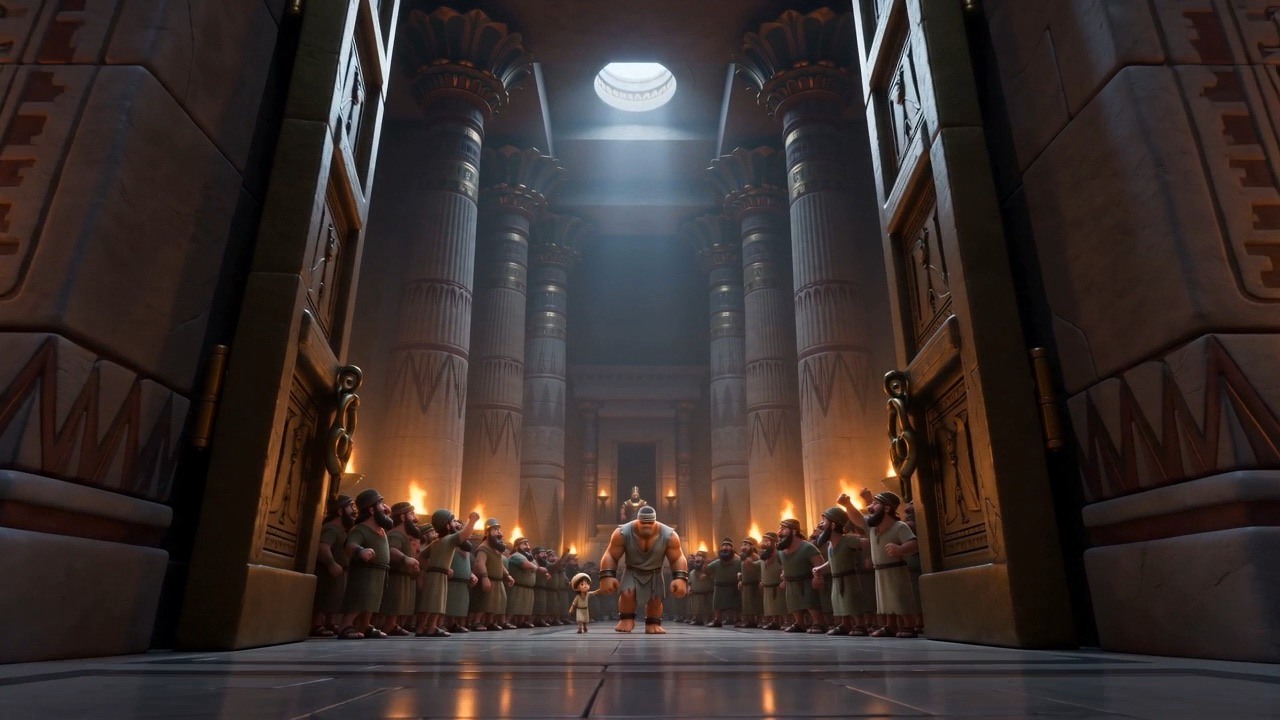 He stands where they put him, chained, listening