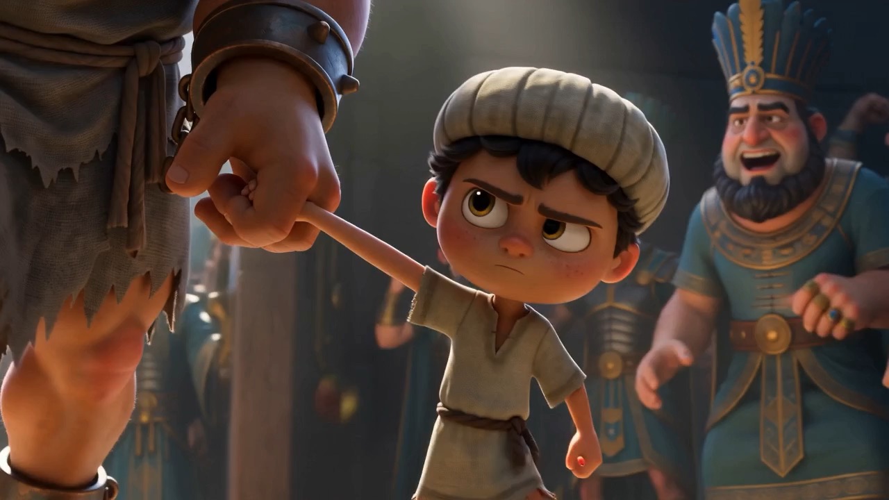A guard shoves a small boy forward to take his hand