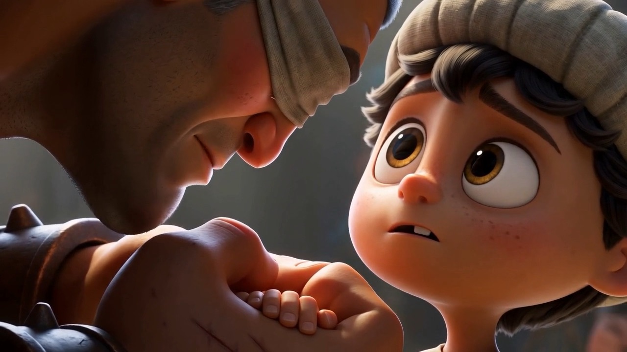 The boy looks up at him; the crowd is still laughing