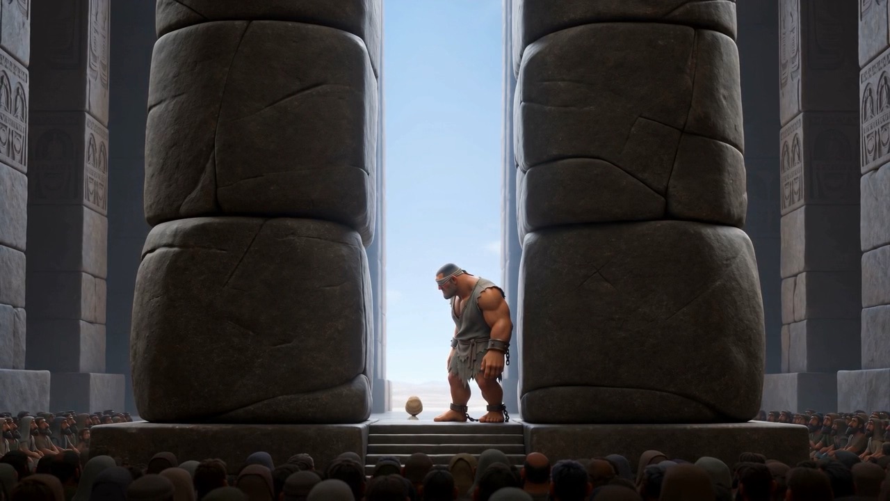 From the far end: one small figure between two vast pillars