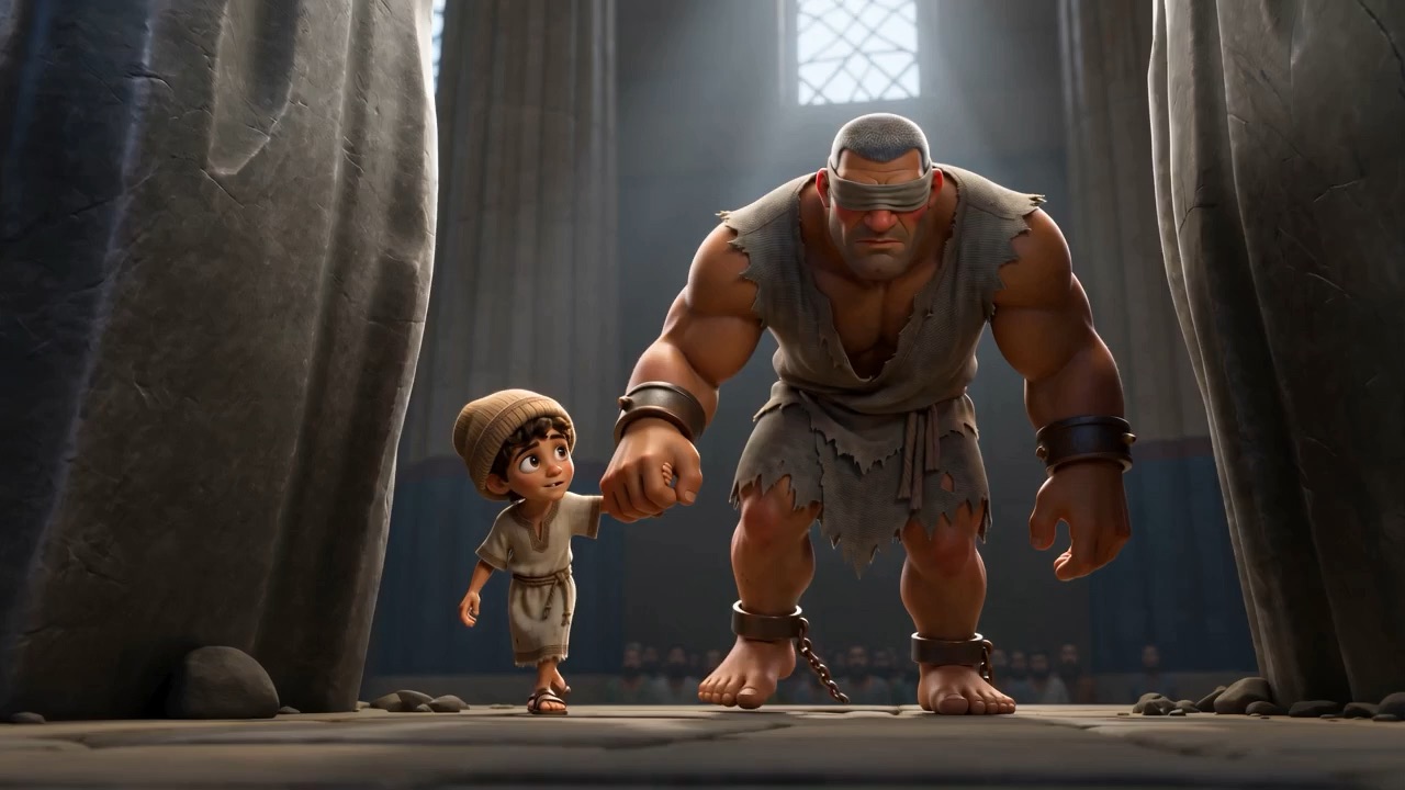The boy leads him forward by one finger