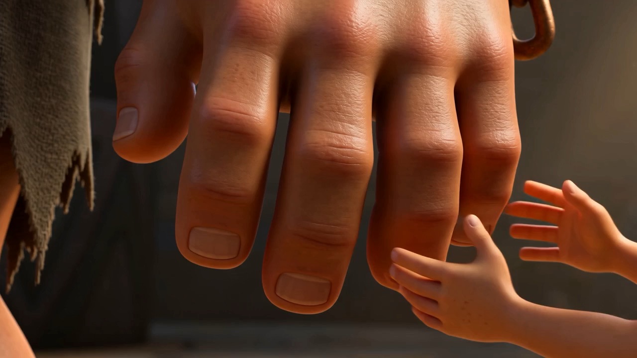 A child's fingers against a giant's palm