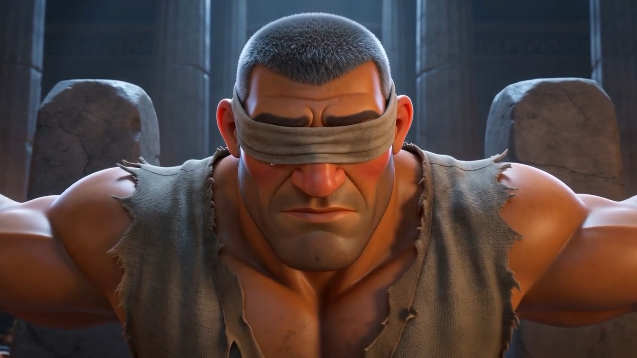 Close on his blindfolded face, listening