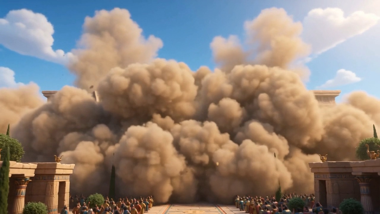 The temple front collapses in a mountain of dust