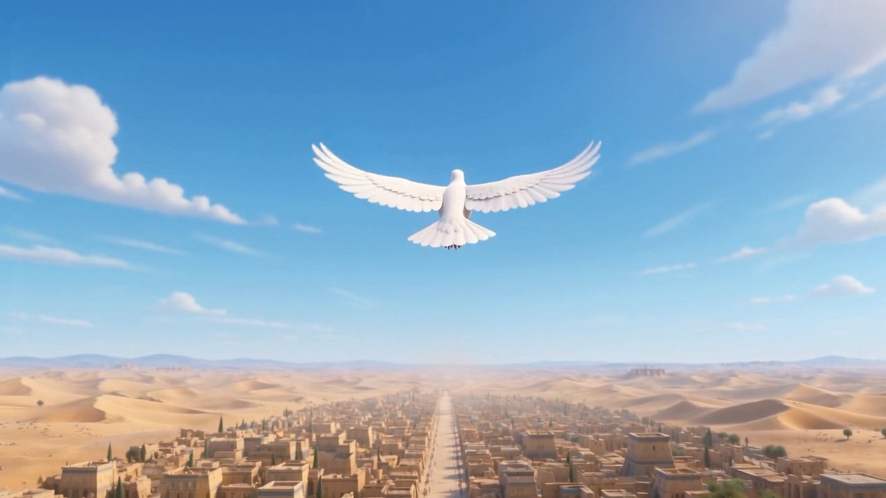 The bird rises over the ruined city into open sky