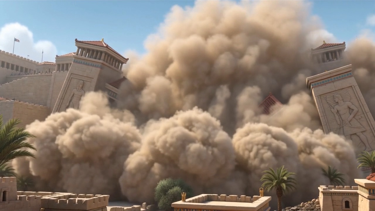 Stone and dust boil out across the city