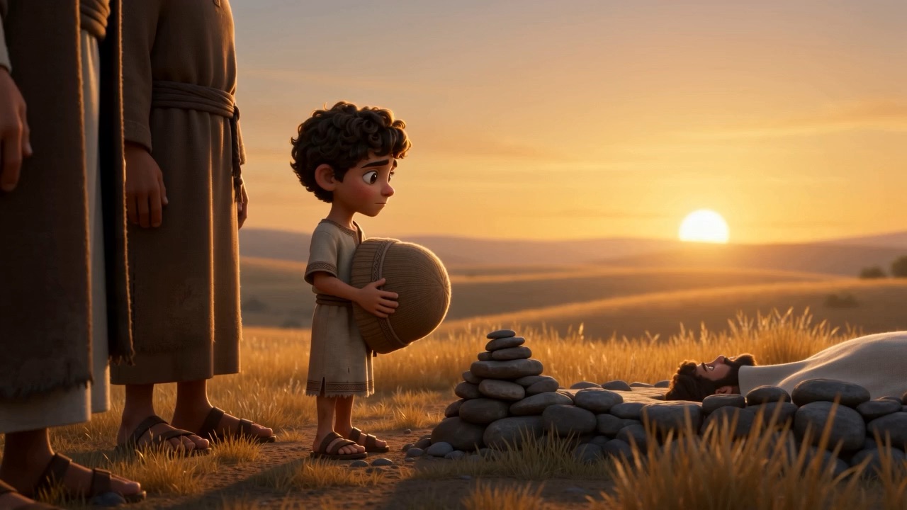 A boy carries a stone toward a small cairn