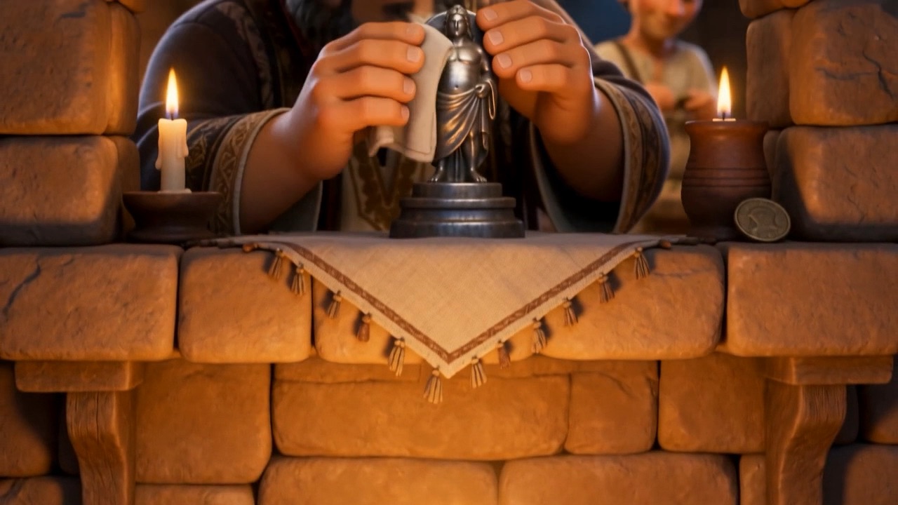 Hands setting a small silver figure on a shelf