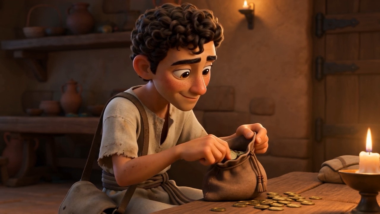 A young man counting silver out of a bag by candlelight