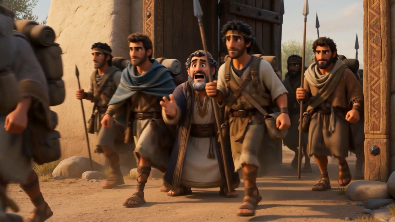Men come out of a gateway carrying things