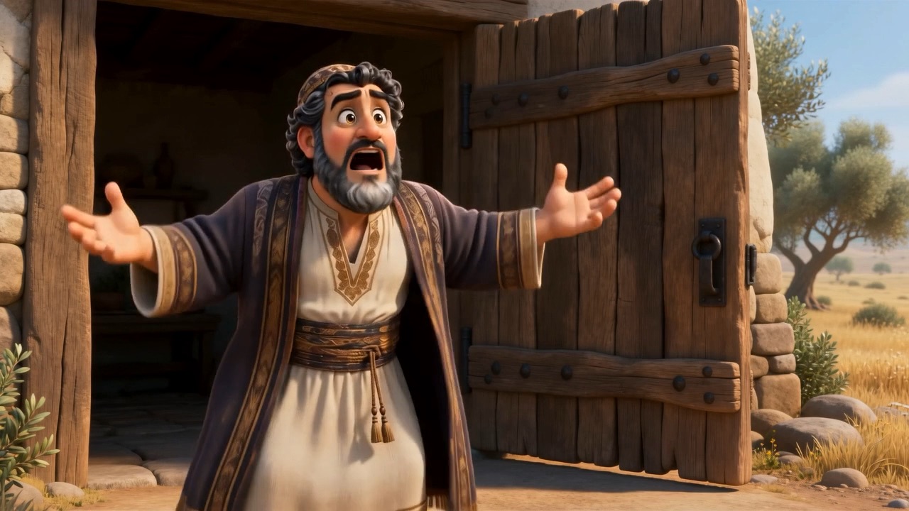 Micah in his doorway, arms out, shouting