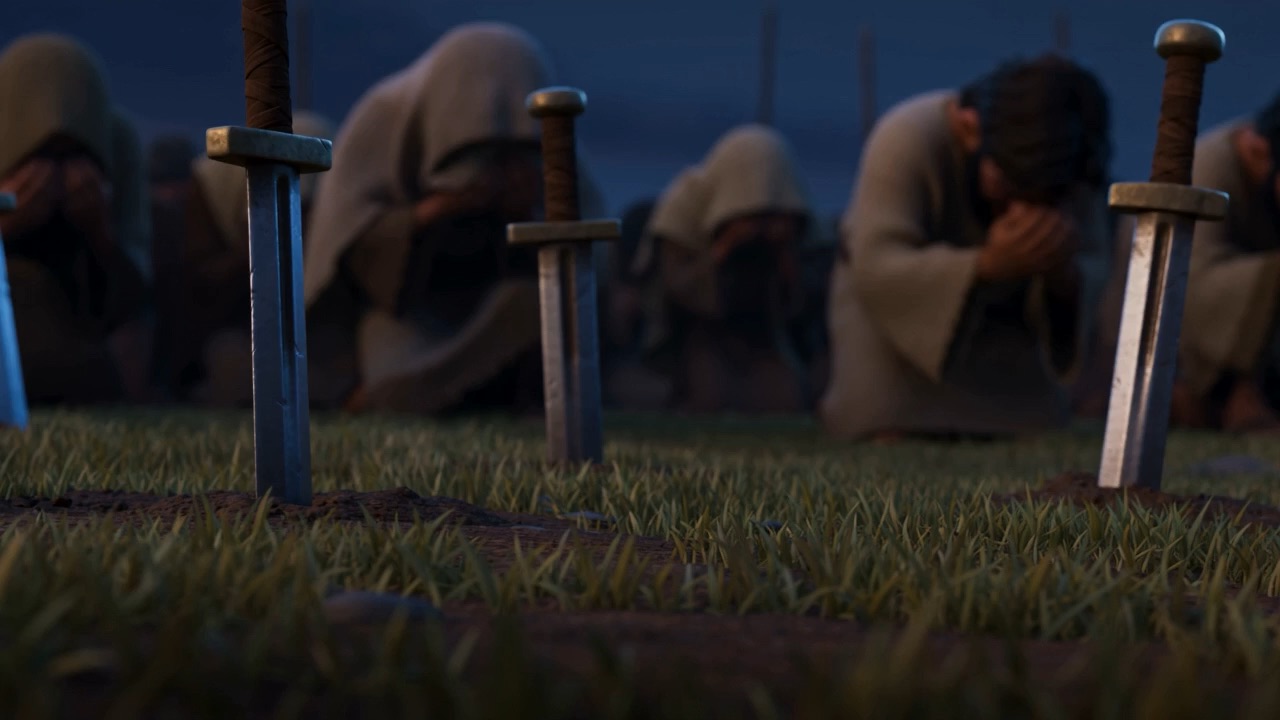 Swords driven point-down into the grass, rank on rank