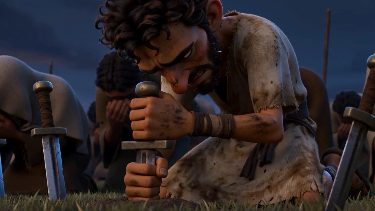 A man on his knees with his forehead on a hilt
