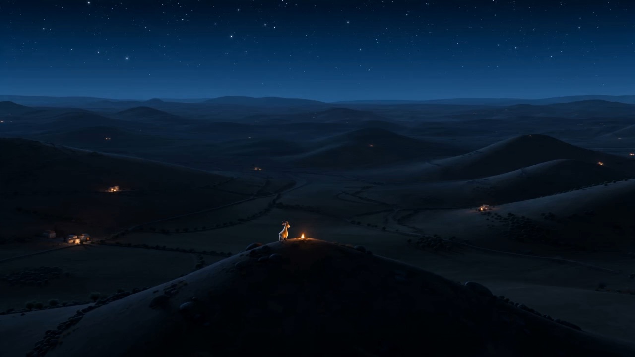 Dark blue hills with a few small lights in the folds