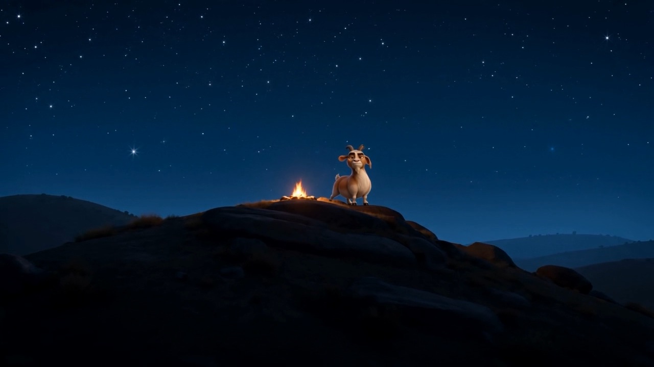 A goat on a hilltop beside a small fire