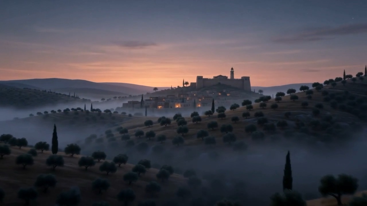Olive trees and a valley coming up out of the dark