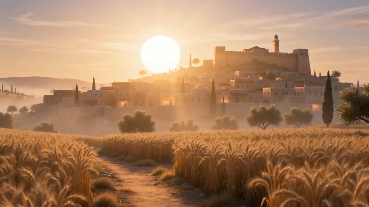Full sunrise over the hill town