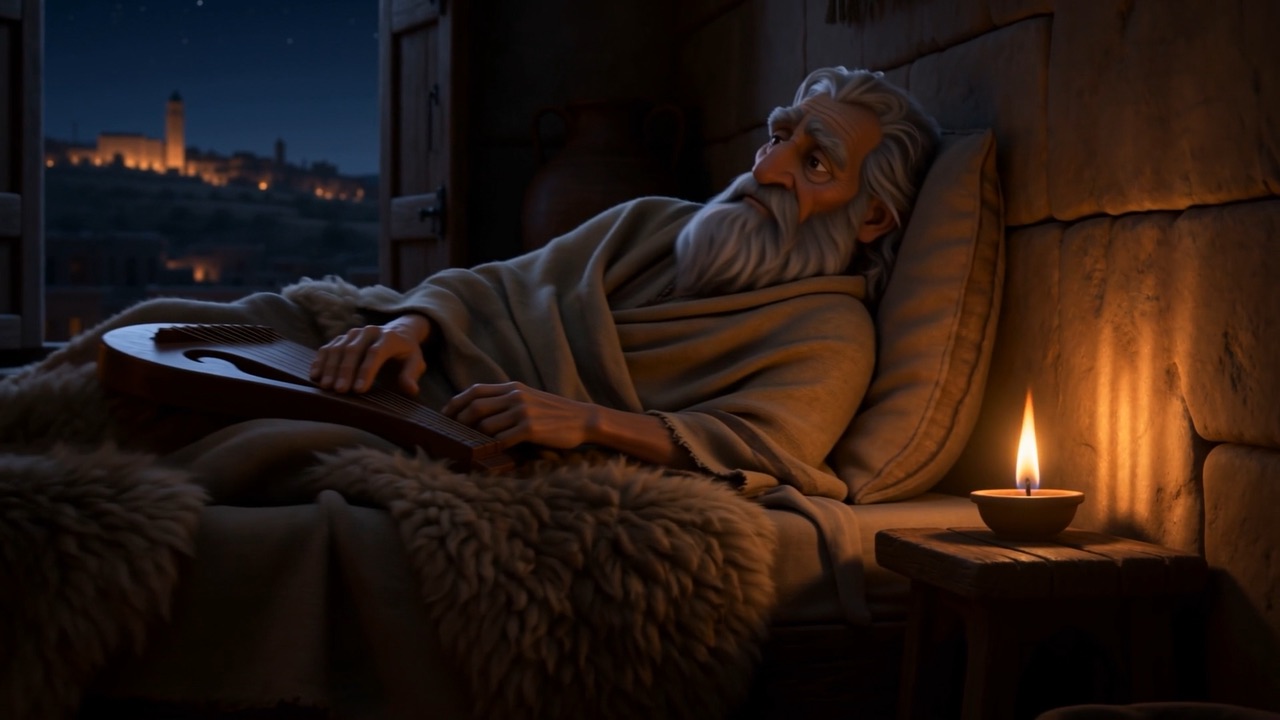 Old King David lies in bed, his harp beside him, the night city beyond the window