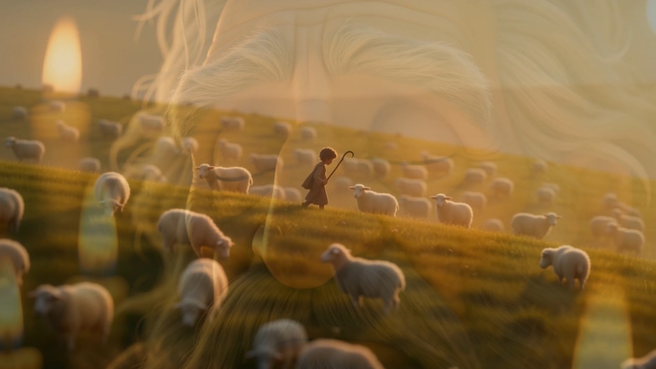 The lamplight dissolves into a hillside of sheep