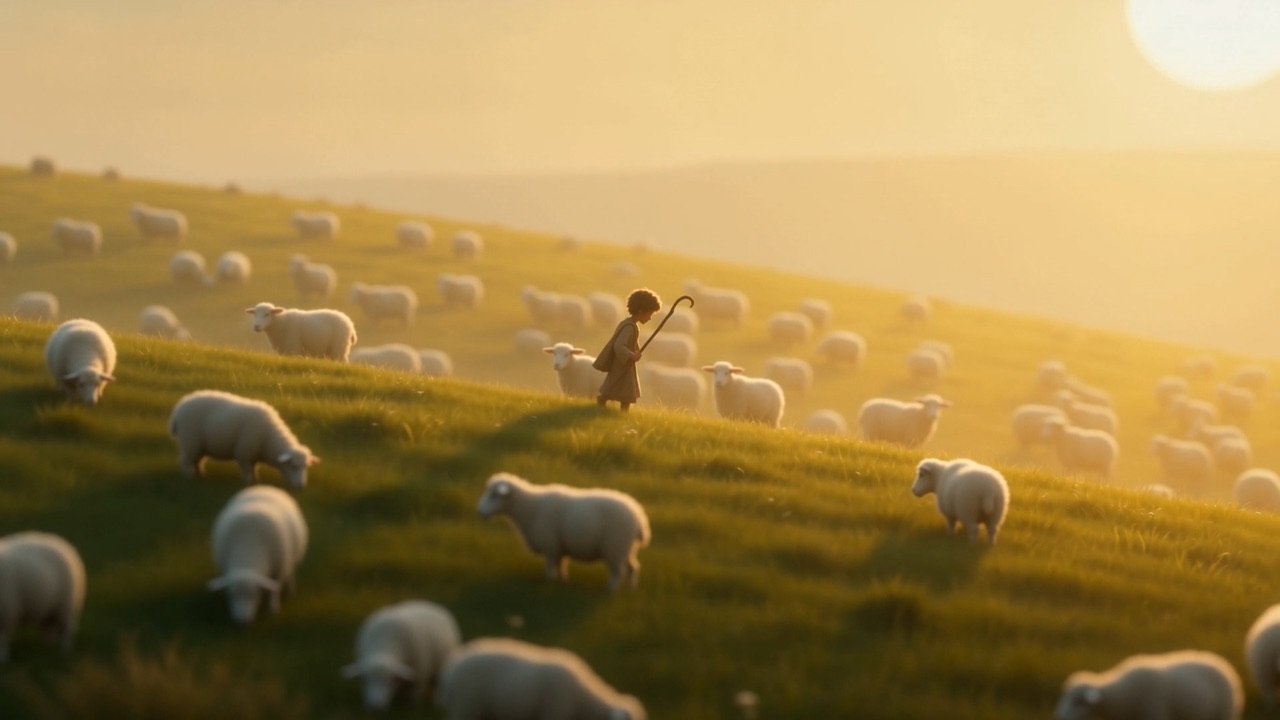 A boy with a harp walks among his flock in the golden light