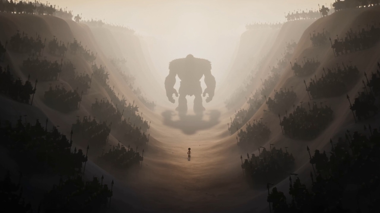 A giant's silhouette fills the misty valley
