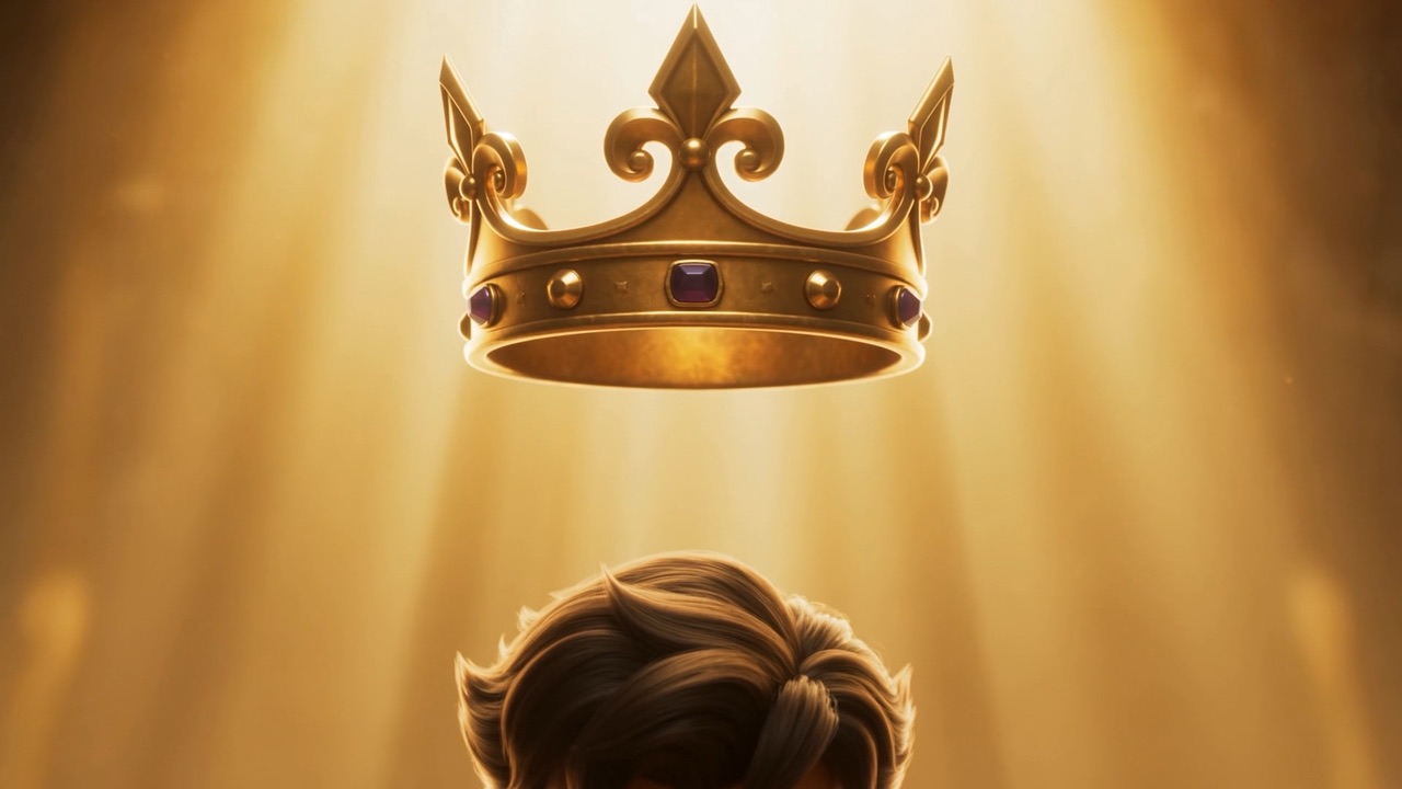 A crown descends through shafts of light