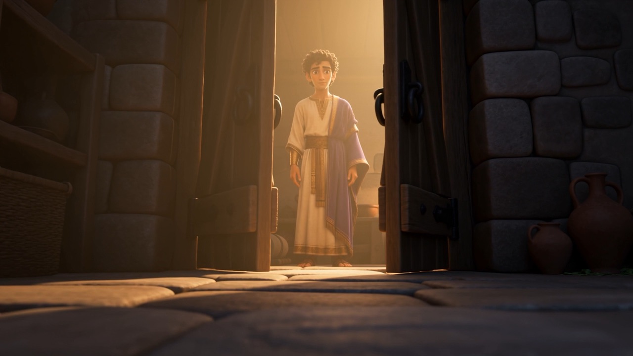 A young man appears in the lit doorway of the king's room