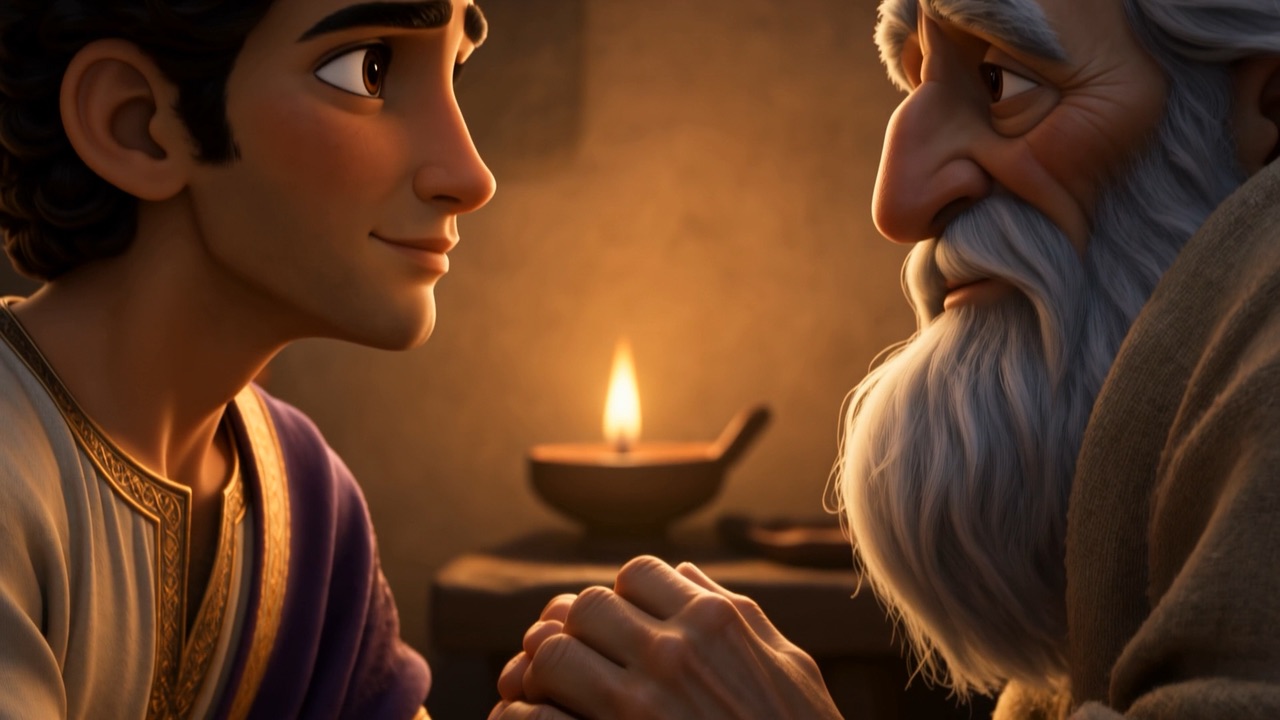 Father and son face to face over one small lamp