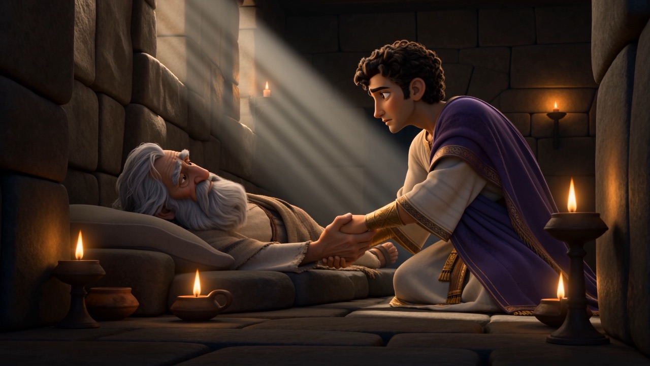 Solomon kneels at the bedside in a shaft of light