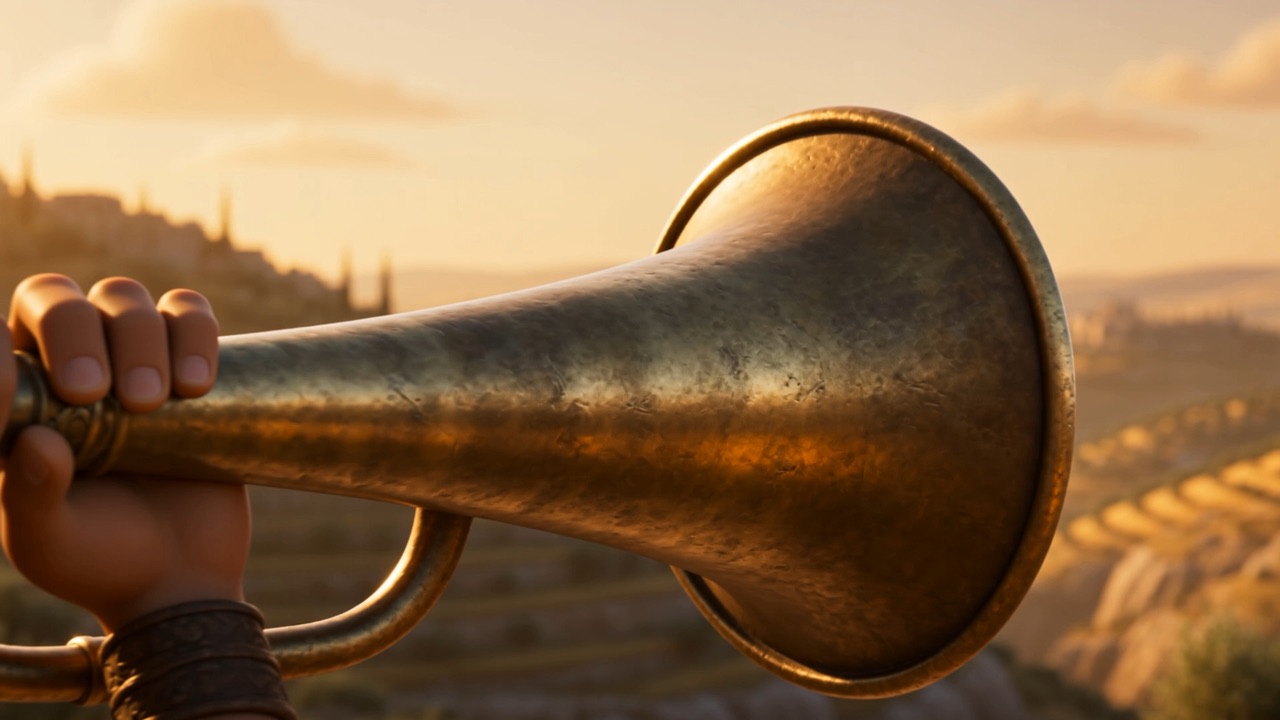 A ram's horn is lifted against the sky