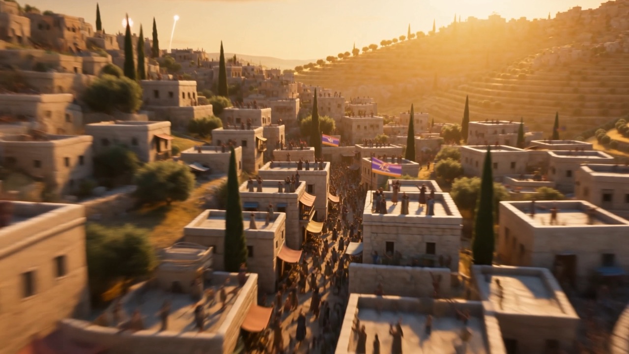 From above, the celebration pours through the terraced city