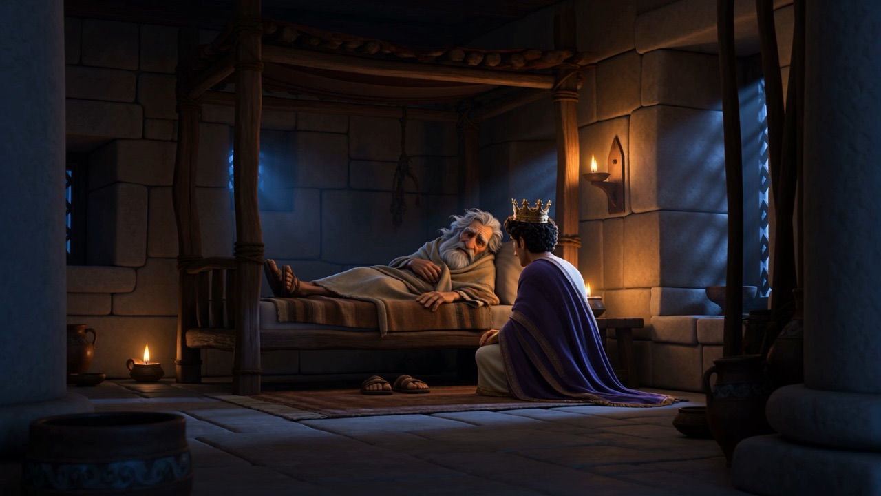 The old king sits up in bed as the new king kneels beside him