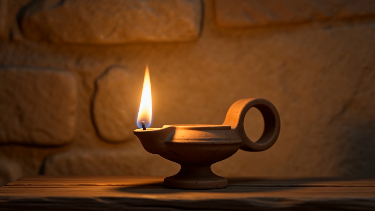 The lamp flame leans and steadies