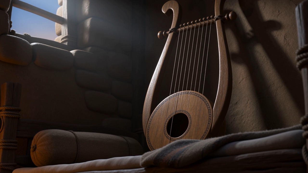 The harp stands propped by the window in the morning light